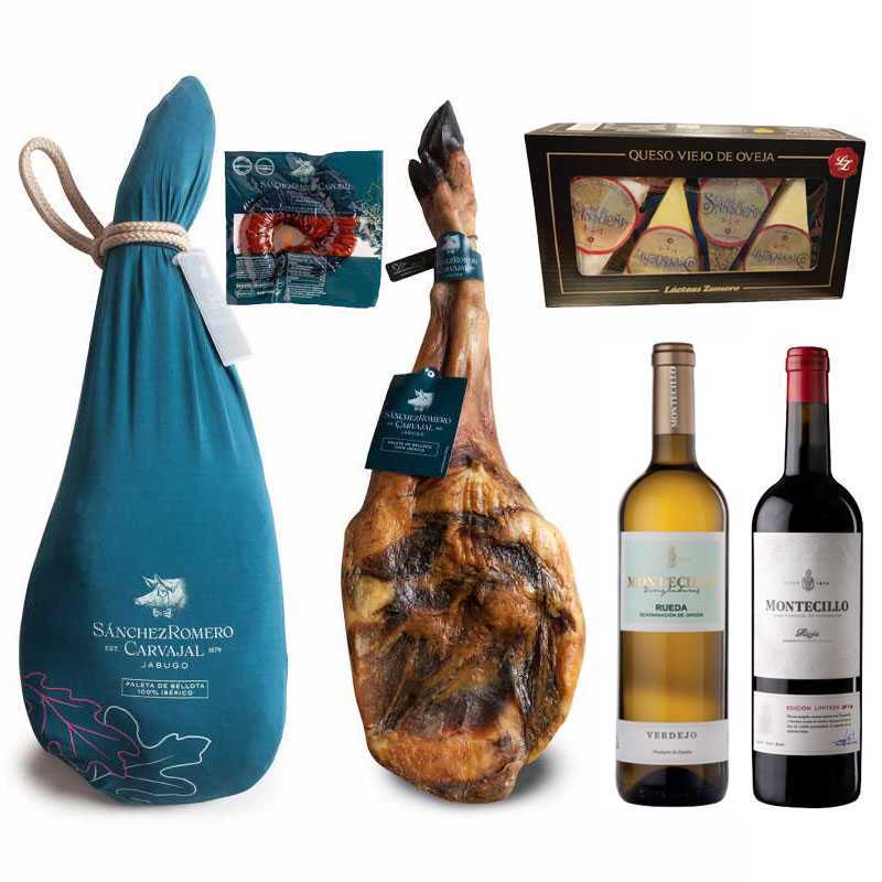 Lote Nº 1 Paleta Sánchez Romero Carvajal Pata Negra Con Queso Ciudad de Sansueña, Vino Tinto y Blanco Montecillo y Jabuguitos