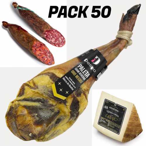 Pack 50 Paleta Gran Reserva Oro Negro PEZUÑA NEGRA + Cuña Queso Curado + Chorizo Ibérico + Salchichon Ibérico